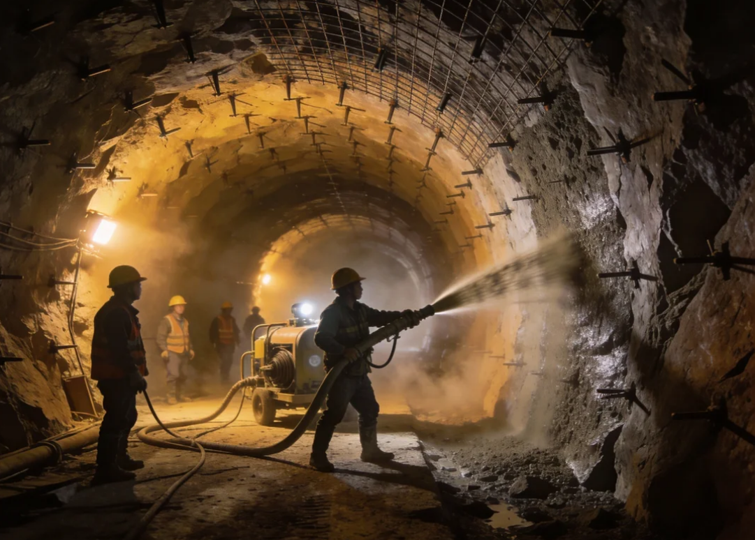 描绘在昏暗的隧道内，华筑天下建筑工人进行初期喷射混凝土支护的紧张有序场面