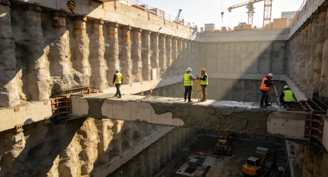 再现了华筑建筑工程在大型深基坑中，支护桩与钢筋混凝土腰梁协同工作的场景，突出了标准化施工的专业细节