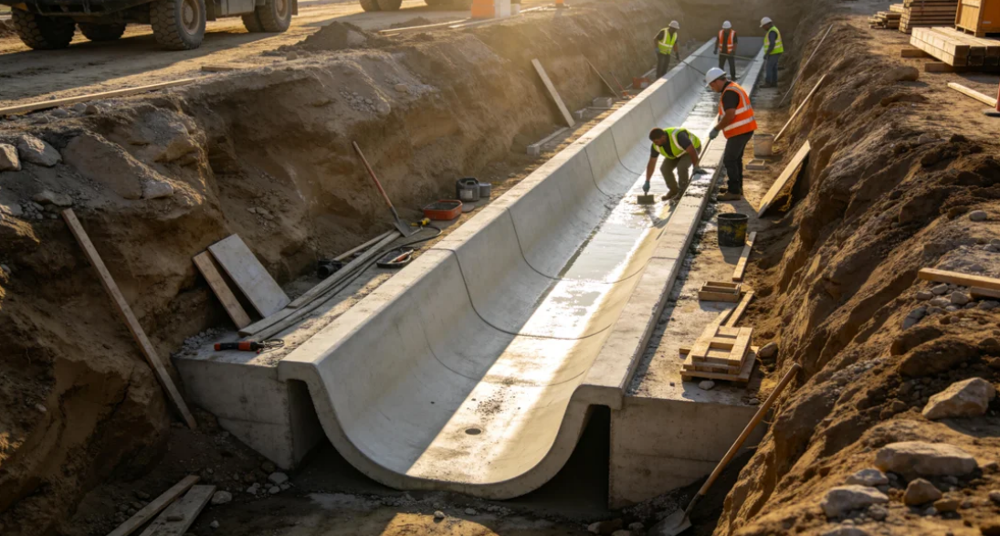 生动再现了深基坑底部，华筑天下建筑工人正在施工混凝土排水沟的场景，突出了标准化施工的专业细节