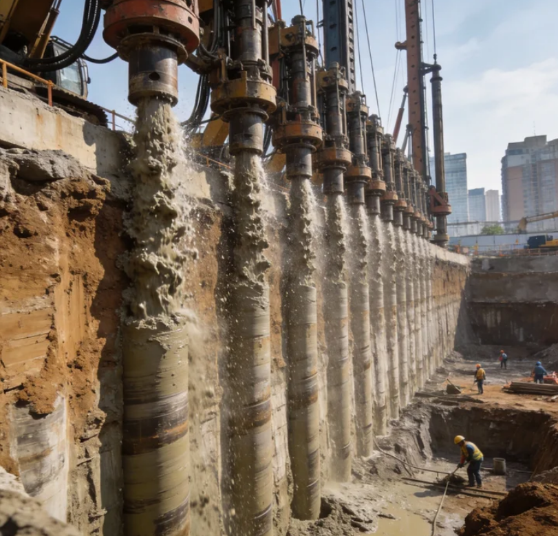 多台搅拌桩机在深基坑边缘并排施工，形成连续墙体的场景-深圳市华筑天下建筑工程有限公司.png