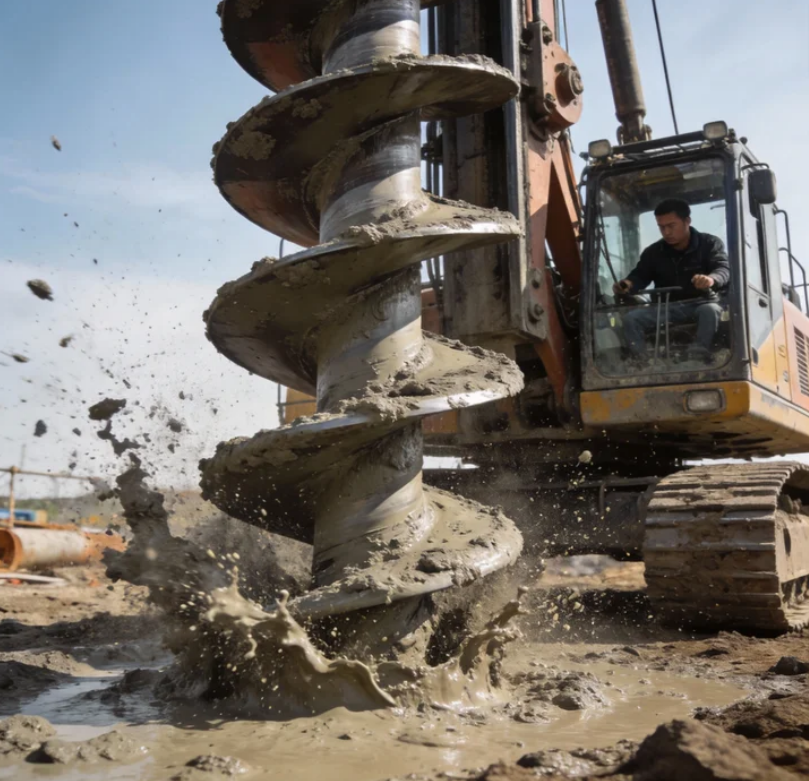 聚焦于搅拌桩机的工作细节，如钻头旋转、水泥浆注入等-华筑天下建筑.png
